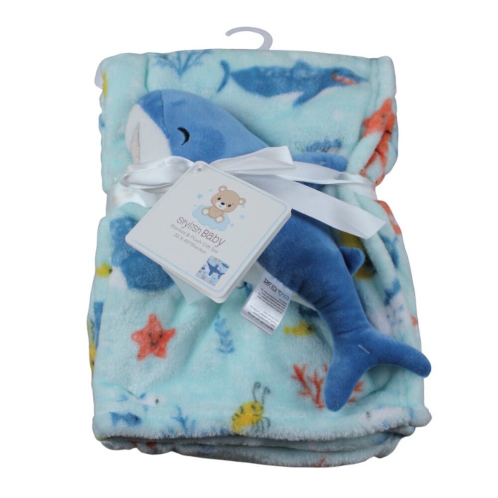 Stylish Baby Shark Plush Toy Blanket Set Boys Blue Ocean Sea Life Fleece NWT